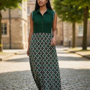 Vintage Emmey Fashion Chic Green Diamond Maxi dress gold buttons